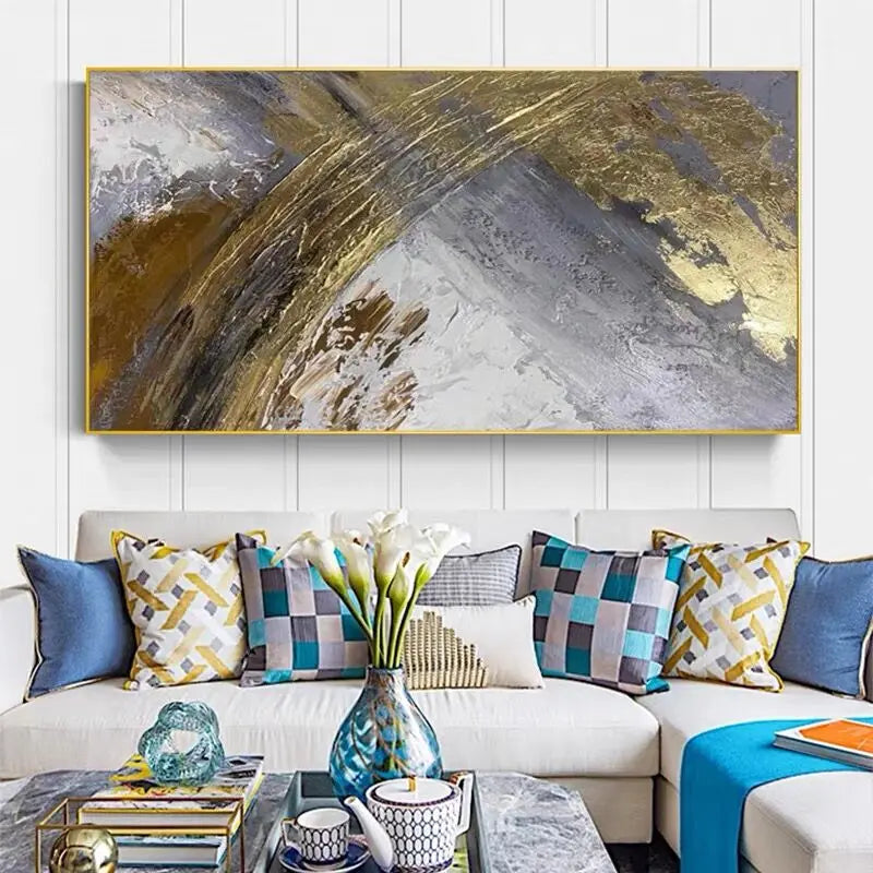 Gold Leaf Oversize Modern Picture Art, Handmade Abstract Oil Painting on Canvas, Wall Art for Living Room, Home Decor, No Frame